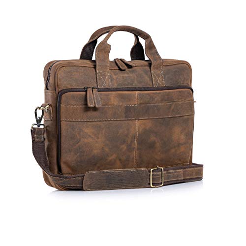 KomalC Leather briefcase 16 inch Laptop Messenger Bag for Men and Women Best Office Satchel Bag - color: Distressed Tan