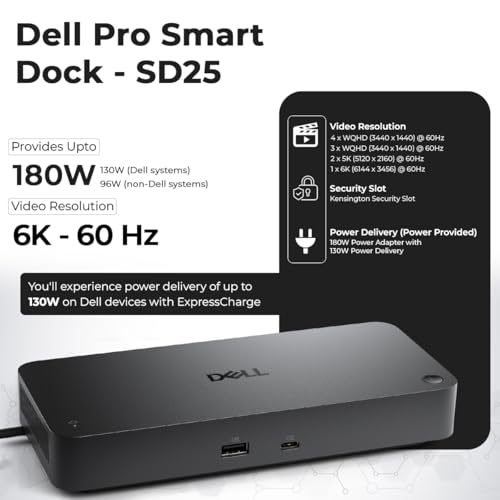 Dell Pro Smart Dock SD25 Bundle - 10Gbps, 3 Year Warranty, Supports Dual/Triple Monitors & 4K Displays with 180W Power Supply, Anyhdd HDMI, DisplayPort, USB C Cable, Cloth - Docking Station - style: Dell SD25 New