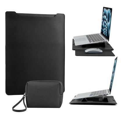 15-16 Inch Protective Laptop Sleeve Case with Stand, for MacBook Air 15" M5~M2 (2026-2023); MacBook Pro 16" M5~M1, Pro/Max(2026-2021), Surface/ASUS/Lenovo, PU Leather Laptop Case (15"-16" Black) - color: Black, size: 15-16 Inch