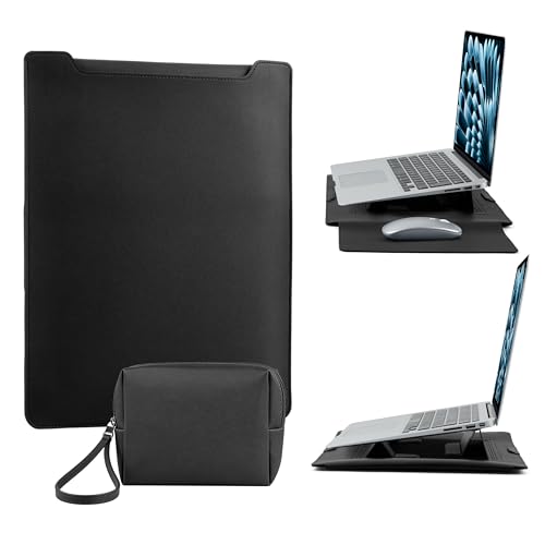 15-16 Inch Protective Laptop Sleeve Case with Stand, for MacBook Air 15" M5~M2 (2026-2023); MacBook Pro 16" M5~M1, Pro/Max(2026-2021), Surface/ASUS/Lenovo, PU Leather Laptop Case (15"-16" Black) - color: Black, size: 15-16 Inch