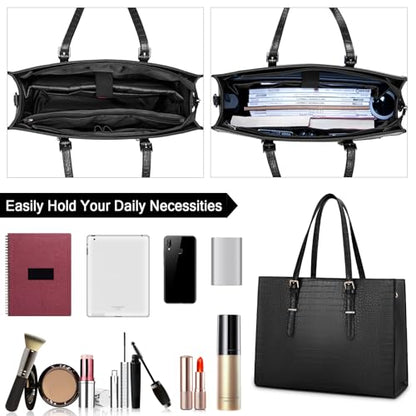 Laptop Bag for Women 15.6 Inch Crocodile Leather Tote Bag Water-resistant Work Briefcase Business Computer Shoulder Bag for Travel Teacher Nurse Professional Handbag,Black - color: Black