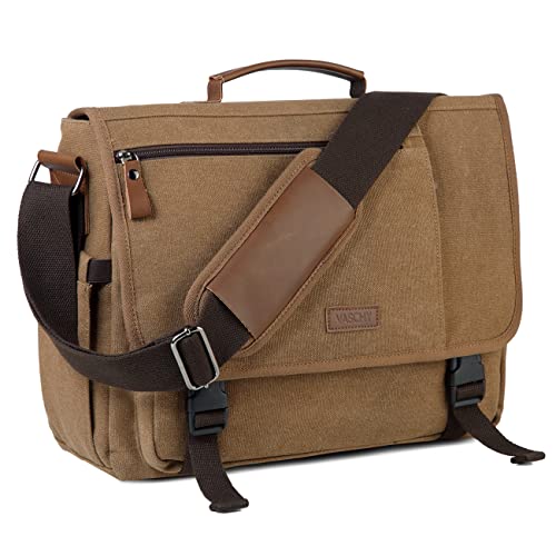 VASCHY 15.6inch Laptop Waxed Canvas Messenger Bag for Men, Work, Travel | Mens Work Bag with luggage sleeve/Top Handle/Water Bottle Pocket, Flap Over Crossbody Shoulder Bag, Office Bag for Men - color: Camel