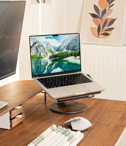 KU XIU Adjustable Laptop Stand with 7-in-1 Hub, Foldable Portable Aluminum Laptop Riser with 360° Swivel Base for Desk, Ergonomic Computer Notebook Stand Holder for All Laptops 10-17"-Gray (Wooden) - color: Wooden