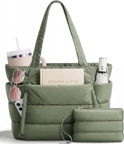 Puffer Tote Bag for Women, Nurse, Large Quilted Shoulder Bag with Cup Holder & Laptop Compartment for Work, Travel, Gym - color: Green