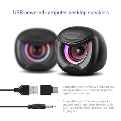 Elimavi USB Computer Speakers, 3.5mm Aux Speaker and USB Powered Interface are Suitable for Desktop Laptop Monitor, Owl Eye Design, Includes a USB-C Adapter, Colorful Lights - style: Colorful lights