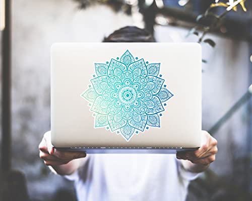 Mandala Laptop Sticker Decal - Removable Waterproof White Vinyl Decals Stickers - Mandalas Light Green Turquoise Sticker Partial Skin Compatible with Computer MacBook Air Pro 13 15 inch Mac - color: Blue on White Material (for Darker Laptop)