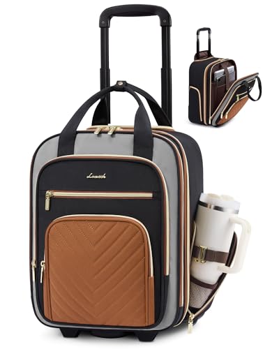 LOVEVOOK Underseat Carry On Luggage with Wheels and Giant Tumbler Holder Pocket, Soft Sided Under Seat Personal Item Suitcase for Travel, Business, Work - color: Black-Grey-Brown