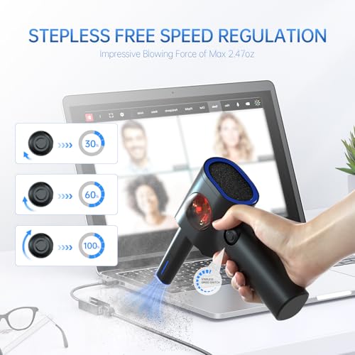 Stepless Speed Compressed Air Duster, Air Blower with Storage Case & LED | 6 Accessories Replace Canned Air, Keyboard Cleaner for Car, PC, Home - color: Black