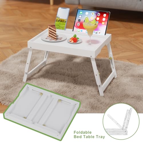 Artmeer Adjustable Bamboo Bed Tray Table with Device Slot, Large, White | Adjustable FSC-certified bamboo bed tray with device slot, folding legs and handles for meals, laptops and reading in bed. - color: White, size: Large Adjustable
