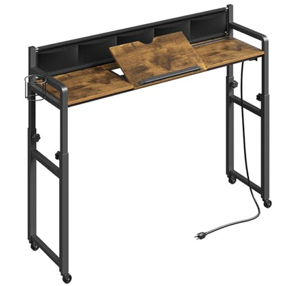 Overbed Table with Wheels, Height Adjustable, Recliner Table with Charging Station and Laptop Stand, Rolling Table with Storage and Cup Holder, Side Table for Living Room, Bed Room, Rustic Brown