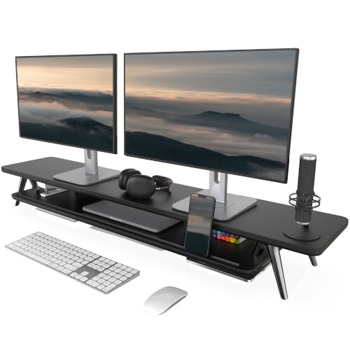 Fenge Dual Monitor Stand Riser, Wooden Desk Shelf with 2-Tier Storage | 47.2-Inch Extra Wide, Sturdy Aluminum Legs, Built-In Phone & Tablet Slot, Desktop Organizer for Office Accessories - color: Black, size: 47.2 Inch