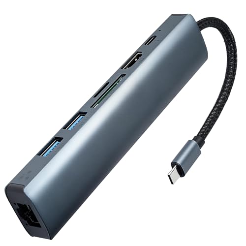 USB C Hub with Ethernet, 7 in 1 Multiport Monitors Adapter with 4K30Hz HDMI Port, 100w Power Delivery, 5Gbps USB, Microsd SD/FT Card Reader, for MacBook Air/Xps/Ipad