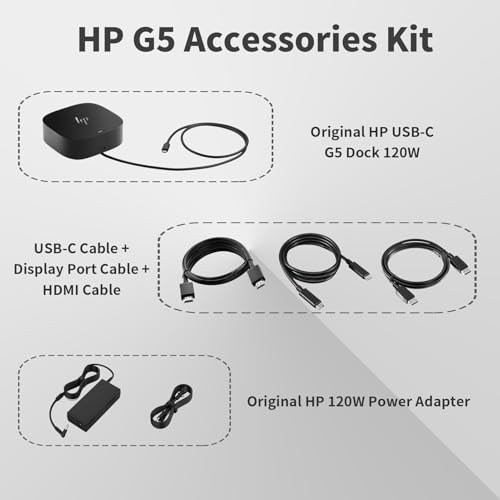 HP Docking Station for Laptop Dual Monitor,HP USB-C G5 Dock with 120W AC Adapter,Bundle with USB-C/HDMI/DP Cables (Renewed)