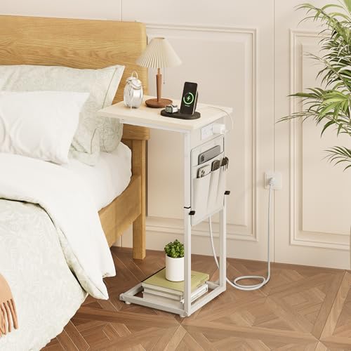 Vagusicc C Shaped End Table with Charging Station, Adjustable Height Side Table for Couch, Small Sofa Table C Table End Table, Slide Under Couch Table TV Tray Arm Table for Living Room, Bedroom, Cream - color: Cream White, style: With Plug
