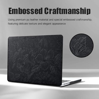 Floral Logo Cutout Case for MacBook Air 15 inch 2026 2025-2023 M5 M4 M3 M2 | Model A3448 A3241 A3114 A2941, Elegant Textured Retro Leather Hard Shell Mac Air 15 inch Laptop Case & Keyboard Cover, Black - color: Embossed Floral Black