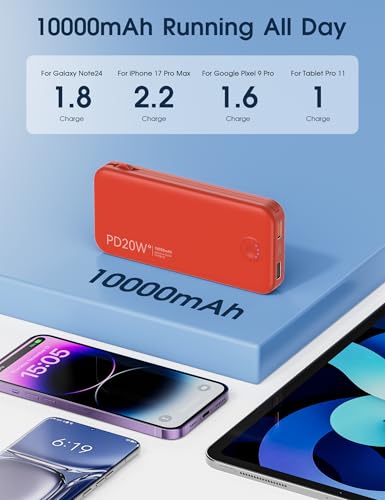 Nusyddy Portable Charger 10000mAh Fast Charging w/Built-in Wall Plug Red | PD20W Fast Charging, LED Indicator, Pass Through Charging, TSA Approved, Compact/Slim, Power Bank for iPhone/iPad/Samsung - color: Red