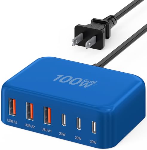 [2026 Updated] USB C Fast Charger, 100W GaN 6 Port Type C Charging Station Hub Block Cube, USB C Wall Charger Power Strip Adapter Plug for iPad iPhone 17 16 15 14 Pro Max Pixel Note Galaxy, 5ft Cord - color: C-Blue