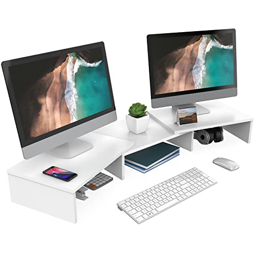 FITUEYES Dual Monitor Stand Riser, Adjustable Length and Angle, White | Wooden 3-Shelf Design, Supports up to 55lbs, Flexible for Standard Corner Space, Holds Monitor, Laptop, Phone, Printer - color: White