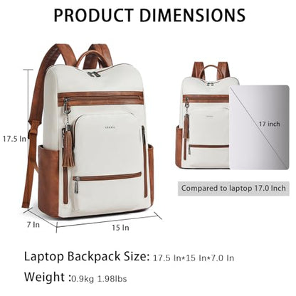 Shrrie Upgraded Large Travel Laptop Backpack with Laptop Compartmetn Fits 17 inch Laptop,Waterproof Vegan Leather Computer Backpack for Women and Men Work Business College - color: Beige With Brown