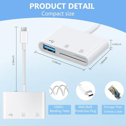 3-in-1 Memory Dual Slots with USB Camera Digital Adapter | White, Type C High Speed, SD and MicroSD Card Reader with OTG for iPhone 17/16/15,iPad,iMac,MacBook,Galaxy,Android