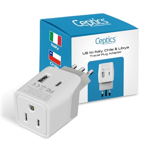Ceptics Italy Travel Plug Adapter – Type L Italy Power Adapter with USB-C & A + USA Input –Compact, Safe Grounded for Phones, Laptops & More (CTU 12A) - color: Bright White