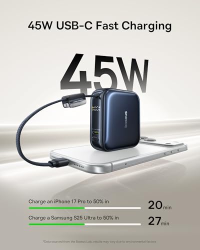 Baseus PicoGo AC22 Mini Power Bank, 10000mAh 45W PD Portable Charger Built-in USB-C Cable, Ultra Small Sized Battery Pack, Fast Charging Battery Bank for iPhone 17/16/15 Samsung S25/S24 Pixel 10 iPad - size: 10000mAh