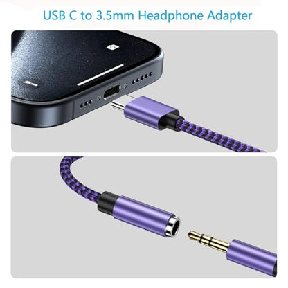 for iPhone 16e 17e 16 17 Pro Max Air, Headphone Earphone Jack Adapter for iPhone 16 Plus, 15, 15 Pro, 15 Pro Max, 15 Plus, USB C to 3.5mm Headset Earbud Audio Adapter for Samsung Galaxy S25 Edge Ultra - color: Purple
