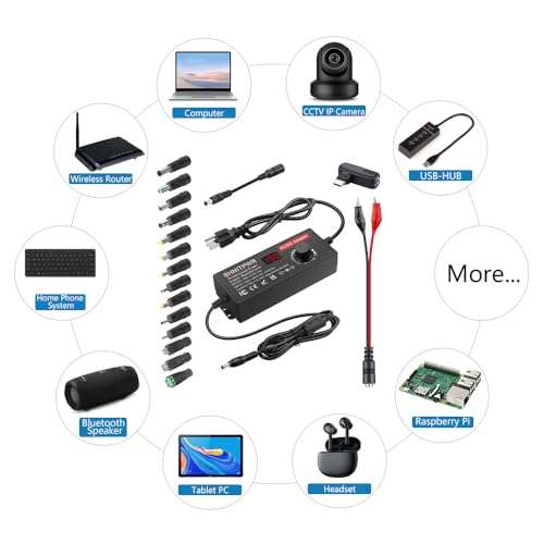 SHNITPWR Adjustable Universal Power Supply DC 4V~24V 3A 5A 6A 144W AC/DC Adapter with USB C Charger PD 100W 100V-240V AC to DC Converter Variable Power Adapter 24V,14 Tips,Alligator Clip Power Cable - size: 3.5V-24V 144W(Pro)