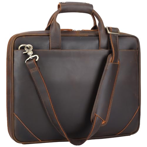 Leather Slim Briefcase for Men 14" - 16" Laptop Crossbody Messenger Bag Business Work Lawyer Attache Case - color: Brown, size: Medium-Fits 15.6" Laptop