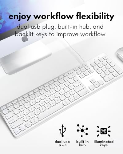 Macally Wired Keyboard for Mac with USB Hub (2X USB-A / 1x USB-C) - Compatible Backlit Apple Keyboard with Dual Interface - Auto OS Detection for Mac, MacBook, iMac, PC, Android, iPad, iOS - Silver - color: Silver