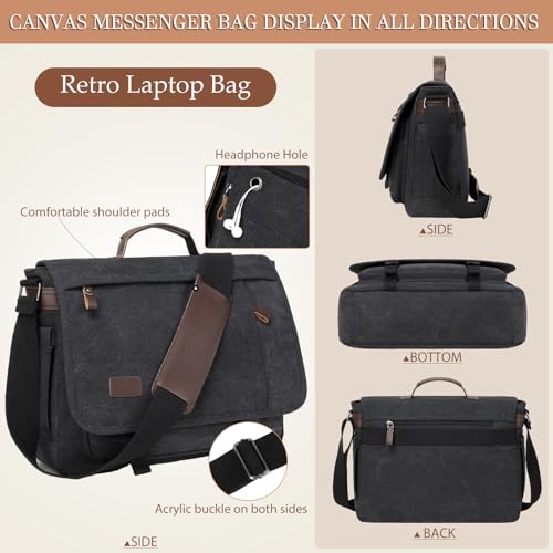 17.3 Inch Messenger Bag for Men: 2PCS Laptop Bag PU Leather Canvas Work Briefcase Large Office - color: Black