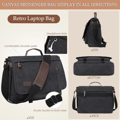 17.3 Inch Messenger Bag for Men: 2PCS Laptop Bag PU Leather Canvas Work Briefcase Large Office - color: Black