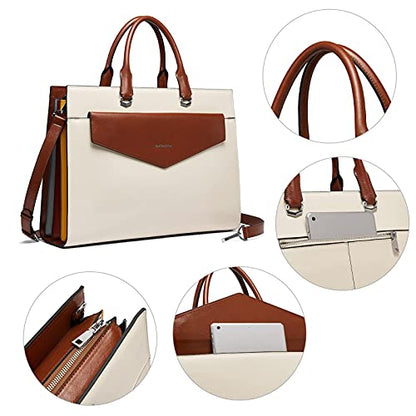 BOSTANTEN Briefcase for Women Laptop Tote 15.6 Inch Genuine Leather Handbag Work Bag Beige - color: A-beige&brown