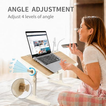 Adjustable Lap Desk with USB Fan & LED Light, Height & Angle Adjustable Laptop Bed Tray Table, Foldable Laptop Stand for Bed, Couch, Sofa & Floor, Walnut - color: Walnut