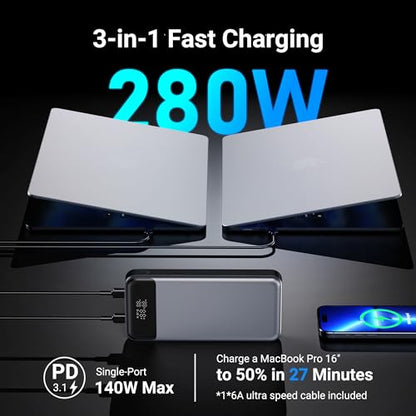 24,000mAh 280W Laptop Power Bank, PD 3.1 Portable Charger with Smart Display, 3-Port USB C Battery Pack for MacBook Pro/Air, iPhone 16/15/14/13 Series, iPad and More, Flight-Approved for Travel - size: 280W Laptop Power Bank