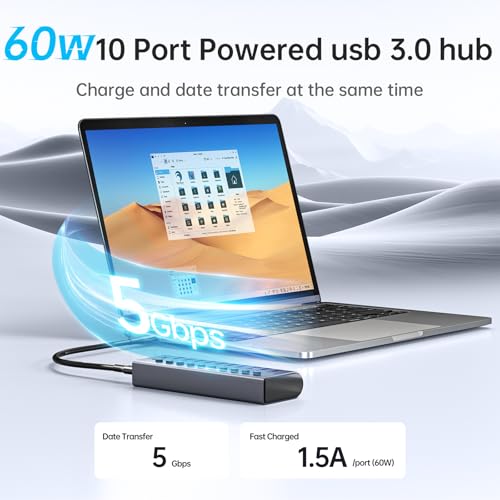 SSK 10 Port Powered USB 3.0 Hub, 60W USB Charging Hub USB Extender Hub | Simultaneous Fast Charge,5Gbps Data Transmission,Individual Switches,DC 12V5A Power Adapter,3.96ft/1.2m Cable,Aluminium