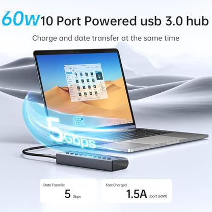 SSK 10 Port Powered USB 3.0 Hub, 60W USB Charging Hub USB Extender Hub | Simultaneous Fast Charge,5Gbps Data Transmission,Individual Switches,DC 12V5A Power Adapter,3.96ft/1.2m Cable,Aluminium