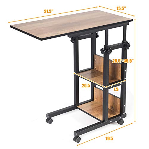 Tangkula Rolling Height Adjustable C Table, Mobile Sofa Side End Table Couch Desk, Sofa Desk Snack Table with Storage Shelves, Bed Side Table for Coffee Laptop Tablet, Wood Look Accent Furniture