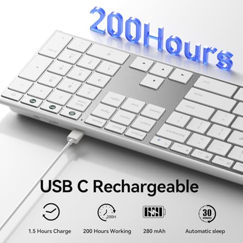 AUSDOM Full Size Bluetooth Keyboard, 2.4G Wireless Quiet Slim Keyboard, Multi Device Low Profile Silent Flat Keyboards with Numeric Keypad, Rechargeable Battery for Windows Mac iOS Computer, White - color: Snow White