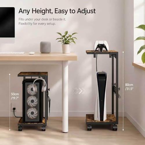 PC Stand with Charging Station, Height Adjustable Computer Tower Stand, 19.7"-31.5" H, Computer Cart with Wheels and Hooks, CPU Holder for Floor, Carpet and Under Desk, Rustic Brown - color: Rustic Brown