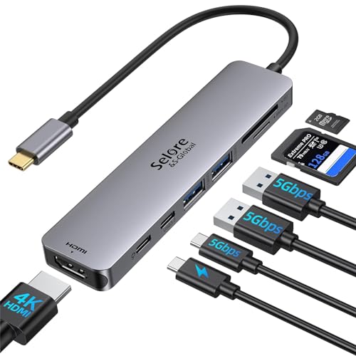 Selore USB C Hub HDMI Adapter for MacBook Pro/Air/Neo, USB C Donle | USB C to HDMI Adapter with 4K@60Hz HDMI, 100W PD, 5Gbps USB-C/2 USB-A, SD/microSD, USB C Hub Multiport Adapter for Laptop - color: Space Gray