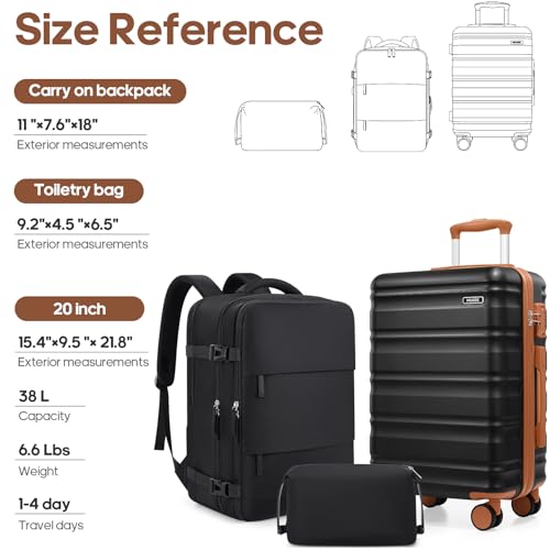 3 Piece Luggage Set, 20 Inch Carry On Luggage 22x14x9 Airline Approved, Hardside Suitcases with Wheels, Suitcase Set with YKK Zipper&TSA Lock, Travel Set - color: Black, size: 3 piece set (20inch)