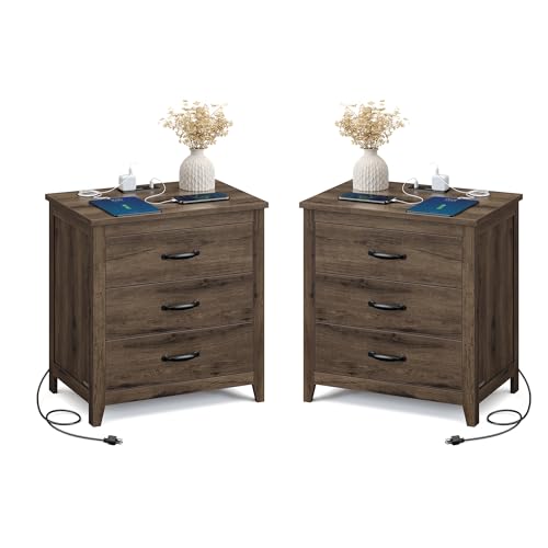 VASAGLE LIRY Collection - Farmhouse Nightstand with Charging Station, Set of 2, Bedside Tables, Side End Tables with 3 Drawers, for Bedroom, Taupe Brown ULET979T01 - color: Taupe Brown, size: 2 PACK, style: 23.6"W x 24.8"H With 3 Drawers