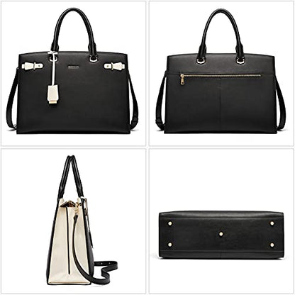 BOSTANTEN Genuine Leather Briefcase for Women 15.6'' Laptop Work Tote Bag | Laptop Compartment, Spacious Interior, Structured, Professional Style, Detachable Shoulder Strap, Office, Business, Commute - color: B-black