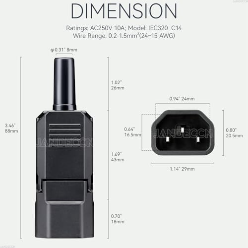 2Pack 3 Pin Terminal Quick Connectors, 10A 250V IEC320 C14 Male Inline Power Plug Adapter Socket Connector - style: C14 Male