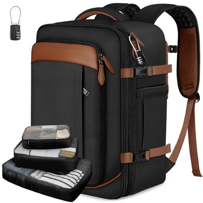 Vancropak 40L Travel Backpack for Men, Flight Approved Carry on Backpack | 17.3" Laptop Backpack, Expandable Weekender Bag with 3 Packing Cubes, Shoe Compartment, Large Anti-Theft Luggage Daypack - color: Dark Black Brown