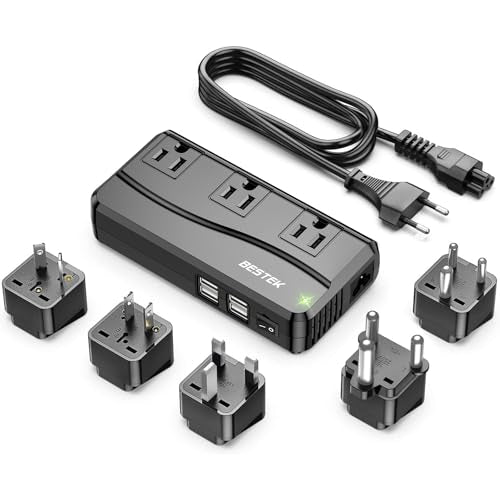 BESTEK 250W Power Converter 3-Outlet and 4-Port USB Travel Voltage Transformer 220V to 110V with Type G/D/M/AU/US Travel Plug Adapters - color: Black