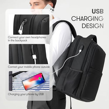 Travel Laptop Backpack, Business Sturdy Laptops Backpack with USB Charging Port, Water Resistant Computer Bag Gift for Men & Women Fits 18.5 Inch Notebook, Black