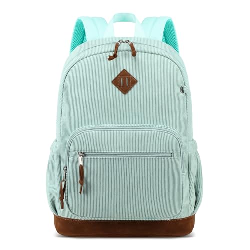 mygreen Corduroy School Backpack for Teens Girls & Boys, Vintage Lightweight Laptop Bag with Padded Sleeve, Large Capacity Water-Resistant Bookbag for College, High School, and Daily Use Green - color: Green, Corduroy