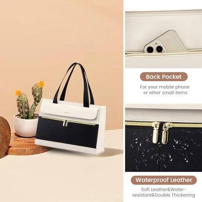 LOVEVOOK Laptop Tote for Women - 15.6 Inch Professional Leather Computer Briefcase - Waterproof Shoulder Bag - Large Capacity Business & Office Bag - color: Black/Beige-1, size: 15.6 Inch